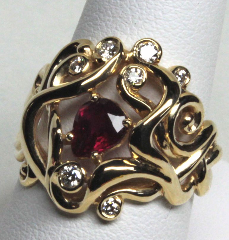 Celtic Nouveau Natural Ruby and Diamond Ring in18k Gold Size 7 1/4