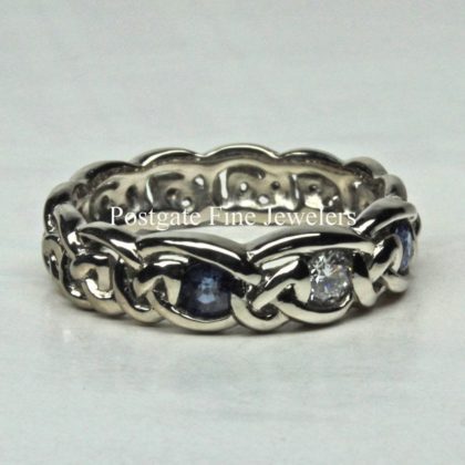 Celtic Diamond and sapphires Knot Band In 14k White Palladium Gold With Natural Size 7 1/2
