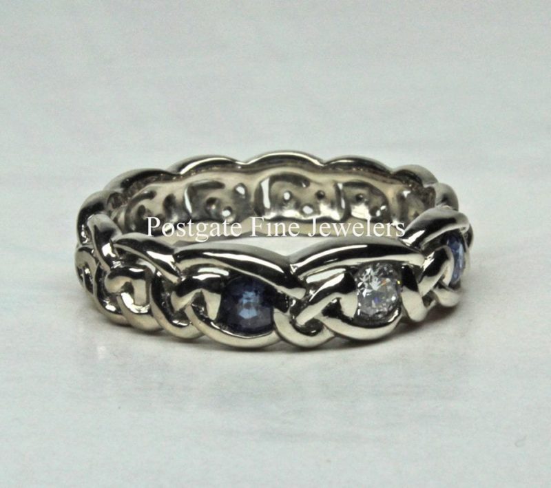 Celtic Diamond and sapphires Knot Band In 14k White Palladium Gold With Natural Size 7 1/2