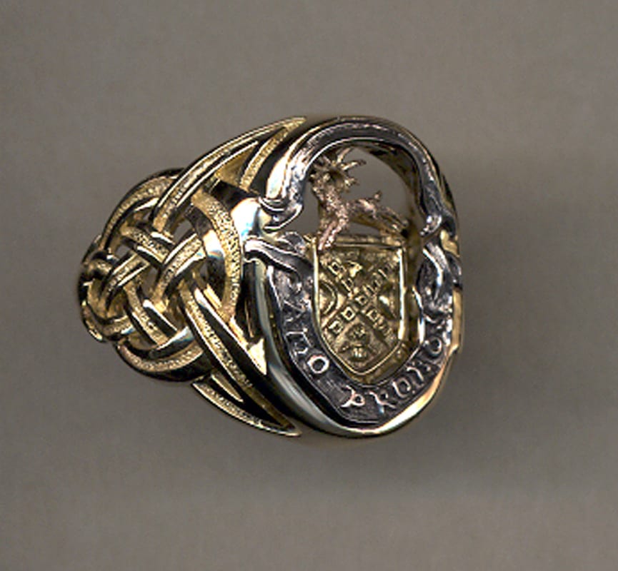 Custom Scottish family crest ring in three colors of gold by George Postgate