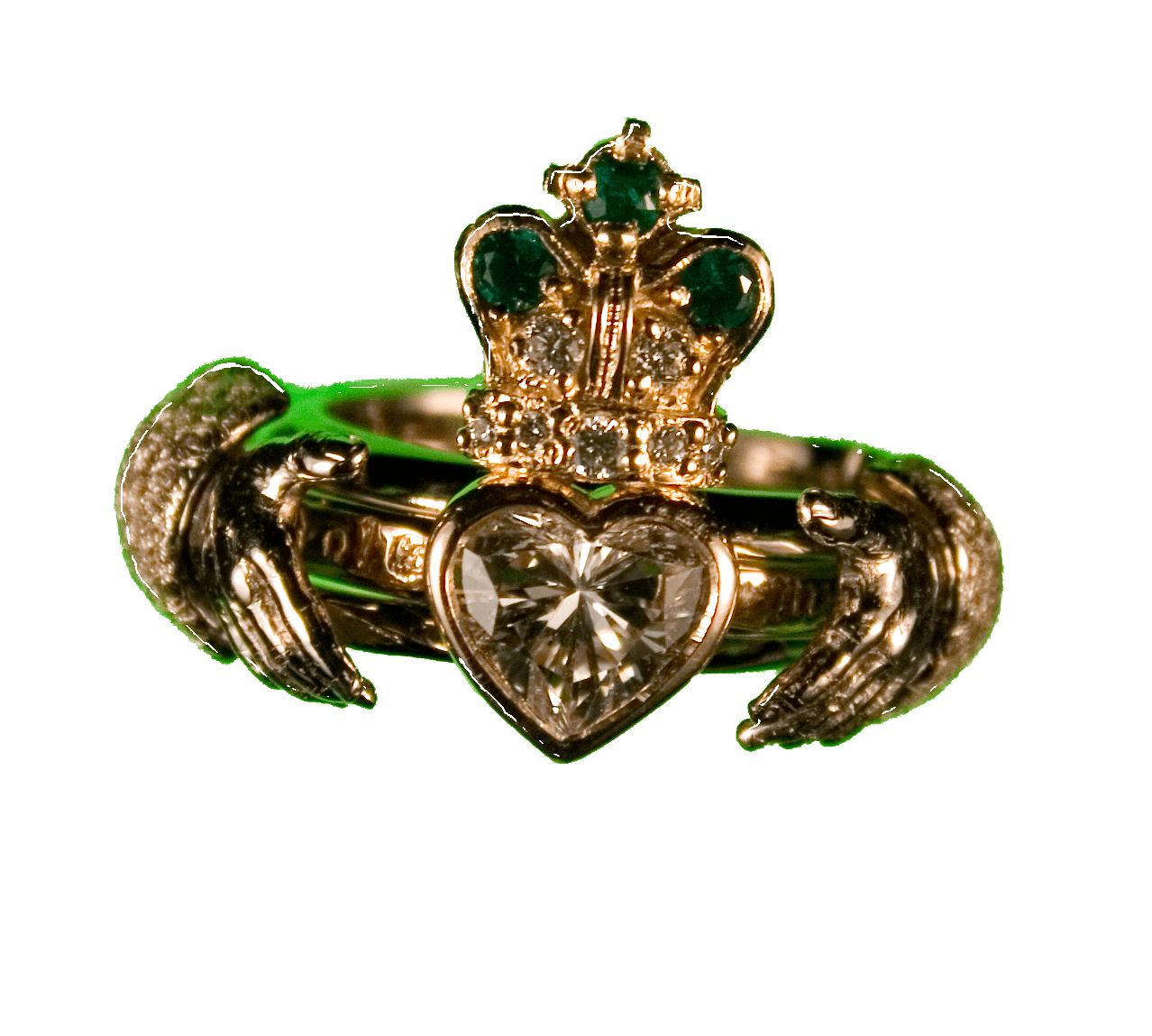 Irish gimble claddagh engagement ring in 14K yellow, 14K white, and 18K yellow gold. By George Postgate