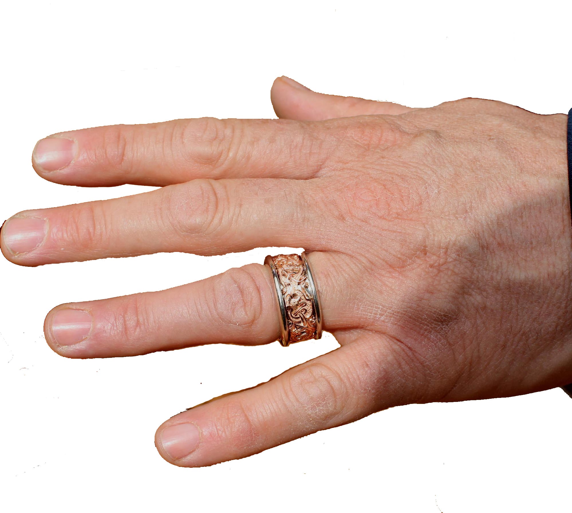 Viking Gripping beast band in rose and white 14K gold on hand, by George Postgate