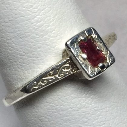 Ancient to sixteenth century style, ruby engraved rectangular ring in sterling size 6 1/2