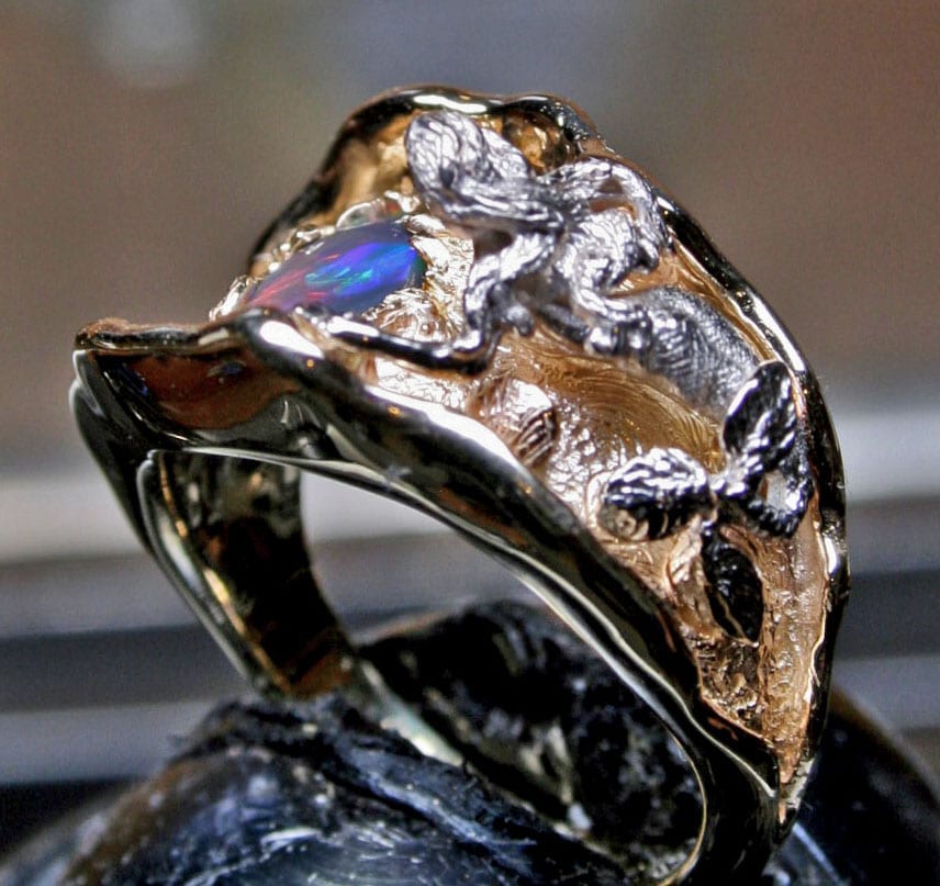 Mermaid's grotto ring with Australian black opal in 14K white and yellow gold by George Postgate
