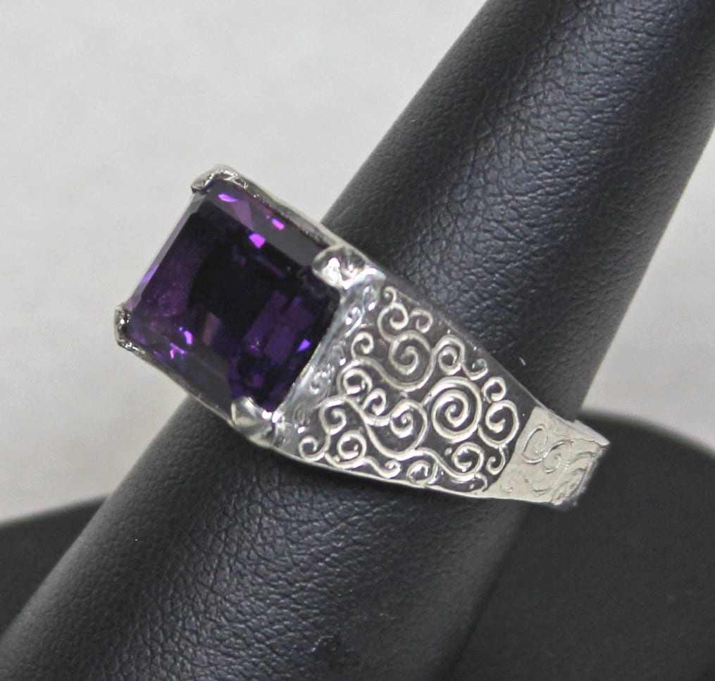 Celtic scroll ring with amethyst in sterling silver by Suzan Postgate