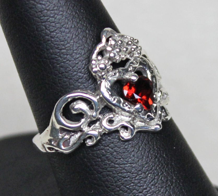 Scottish fancy sterling silver luckenbooth style ring with garnet heart by Suzan Postgate