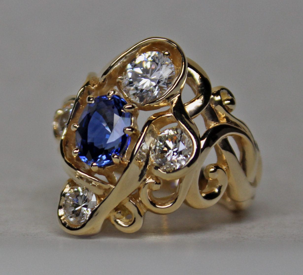 Celtic Nouveau setting for fine Ceylon sapphire and diamond ring by George Postgate
