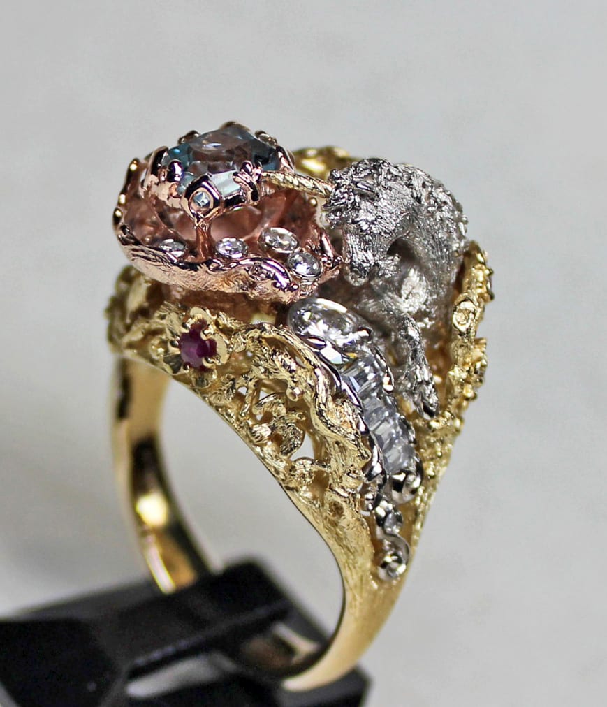 The "Unicorn purifying water" ring in 18K, aquamarine, diamonds and other precious stones. by George Postgate