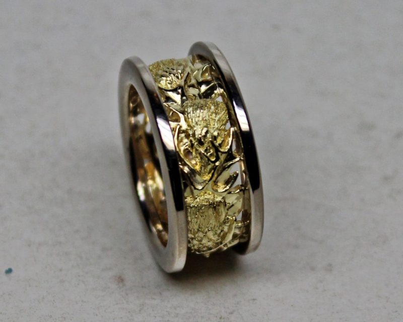 Scottish Thistle Band in 18K Yellow and 14K Palladium White Gold, Size 11