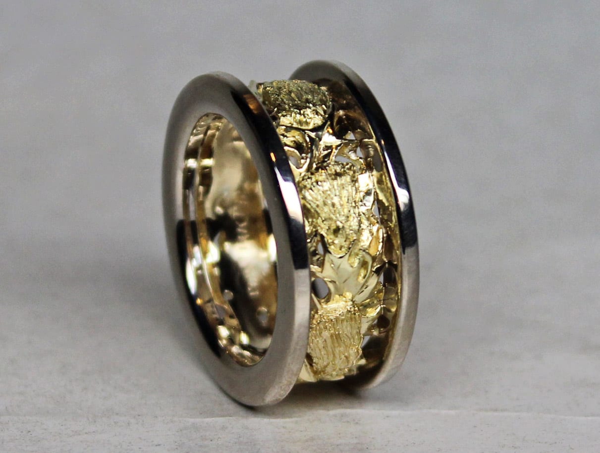 Scottish thistle band in 18K yellow and 14K white gold, by George Postgate
