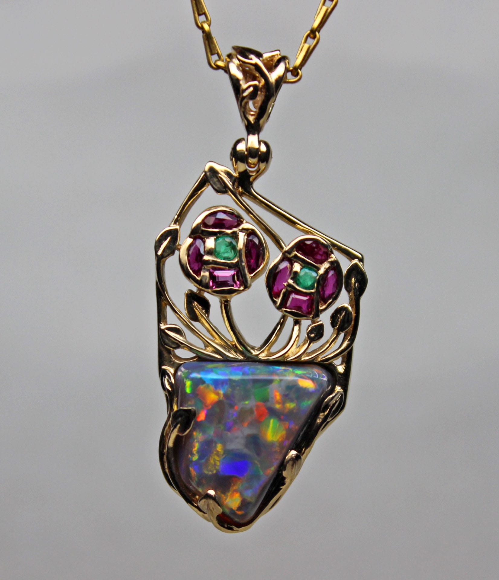 Art Nouveau Rennie Mackintosh style Lightning Ridge Australian black opal pendant by George Postgate
