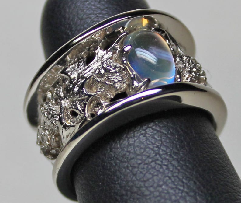 Scottish thistle band in 14K white gold and moonstone. by George Postgate