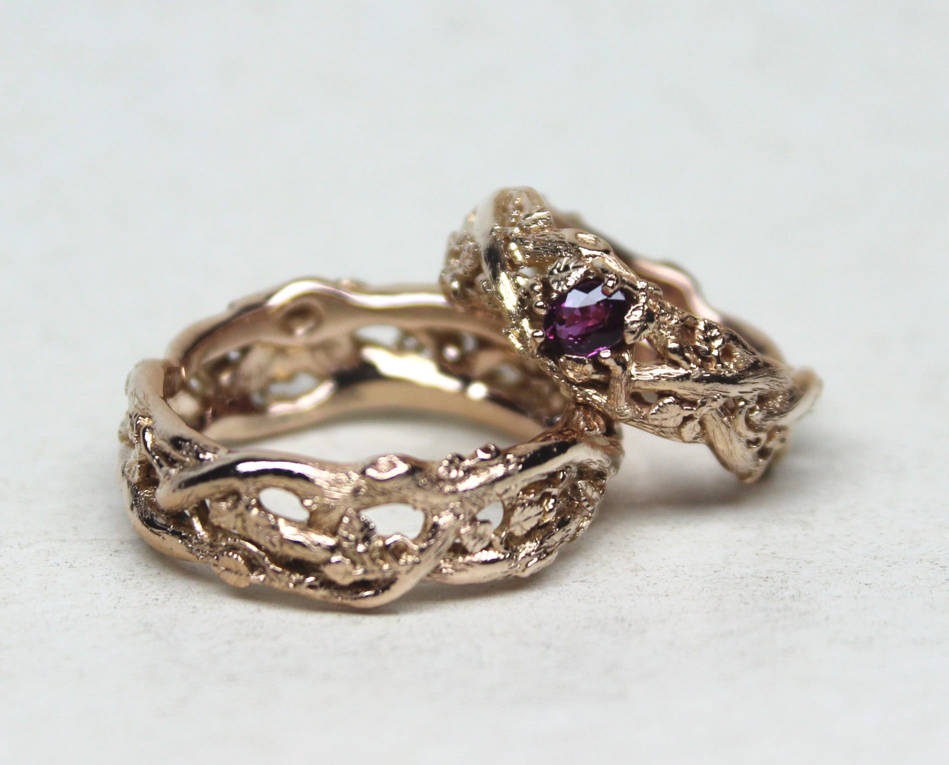 Woodland vine wedding set with purple sapphire in rose 14Kby George Postgate