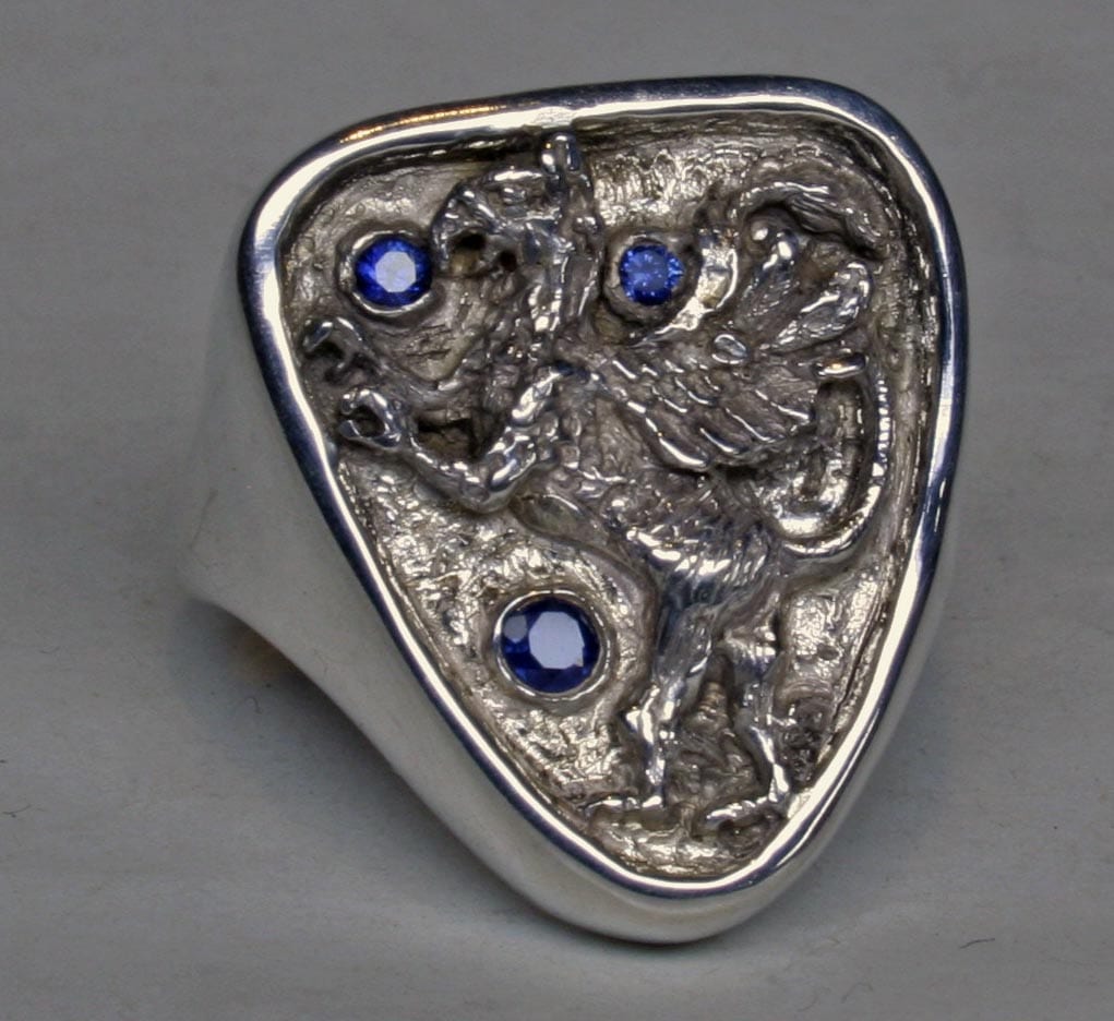 Griffin ring in sterling silver with sapphires by Suzan Postgate