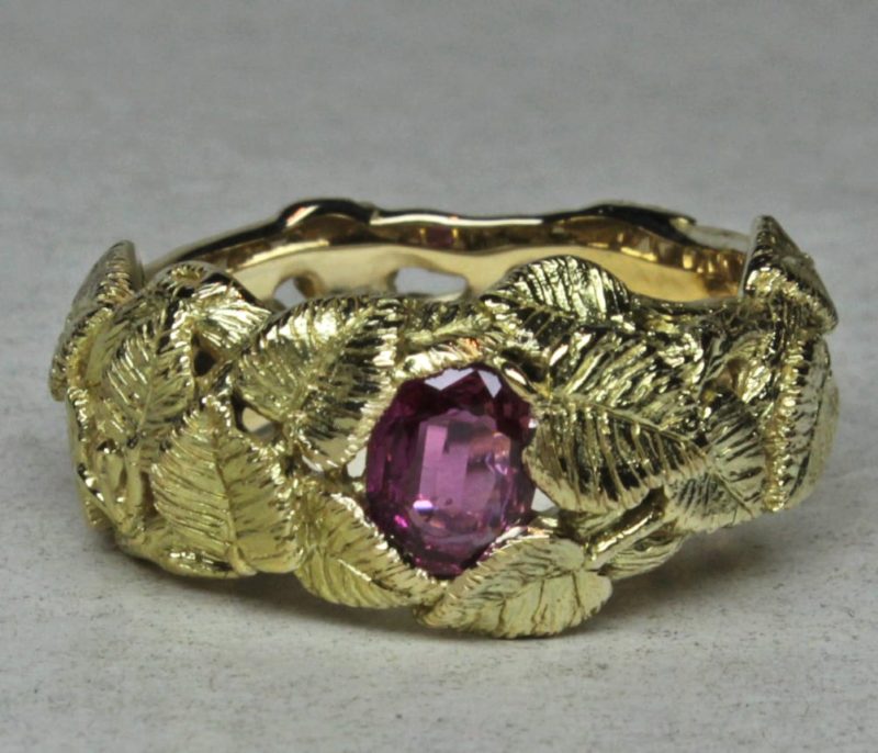 Silver Birch leaf band in 18K with natural pink sapphire by George Postgate