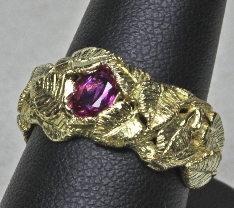 Silver Birch Leaf Band, With Natural Pink Sapphire, in 18K Size 7