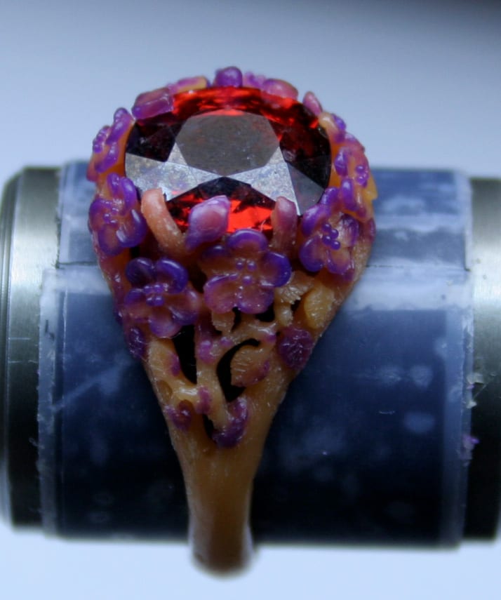 Wax of mandarin garnet flower ring by George Postgate
