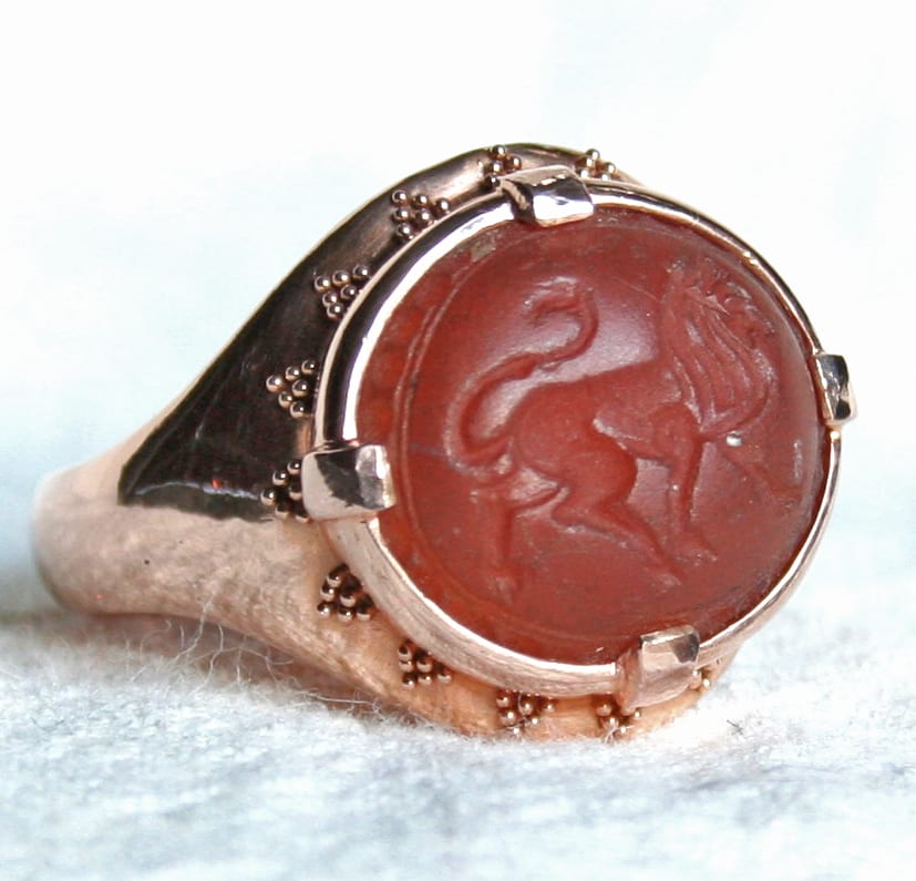 Mans ancient Roman intaglio granulated ring in rose gold by George Postgate