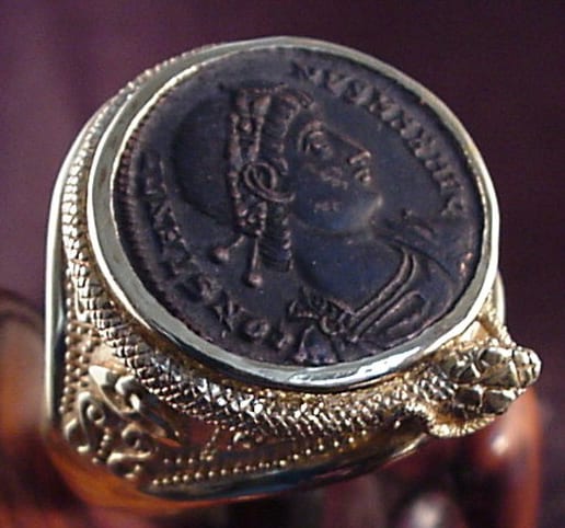 Roman bronze coin ouroboros ring in 14K By George Postgate