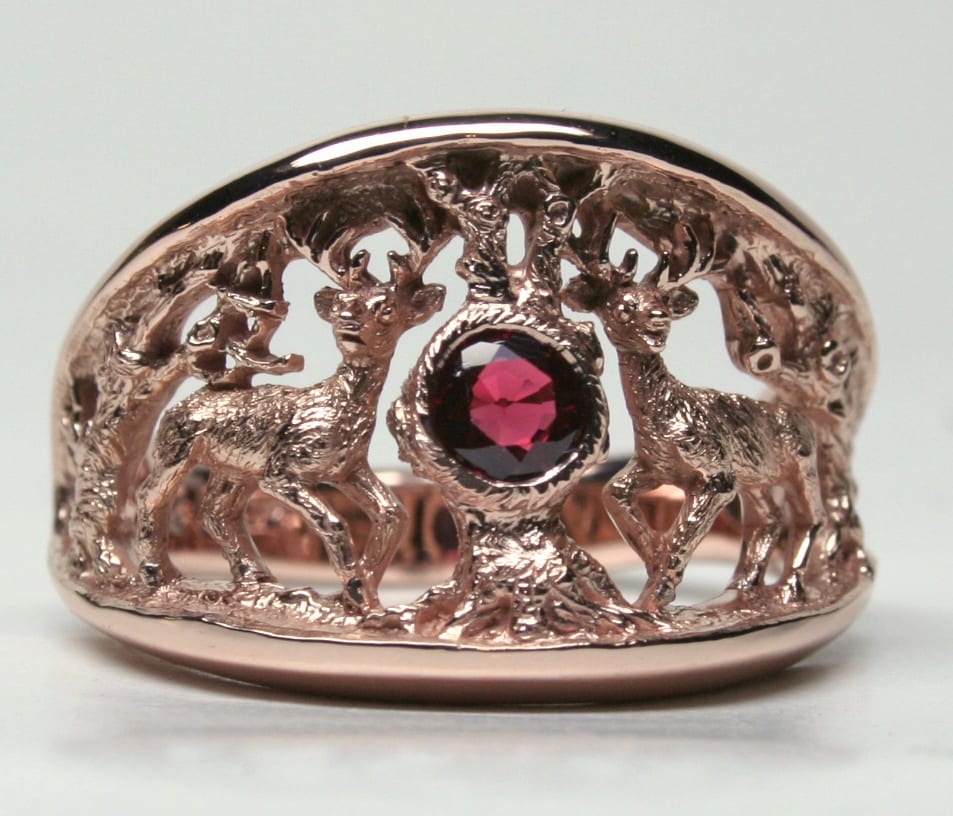 Scottish highland deer ruby ring in rose gold by George Postgate