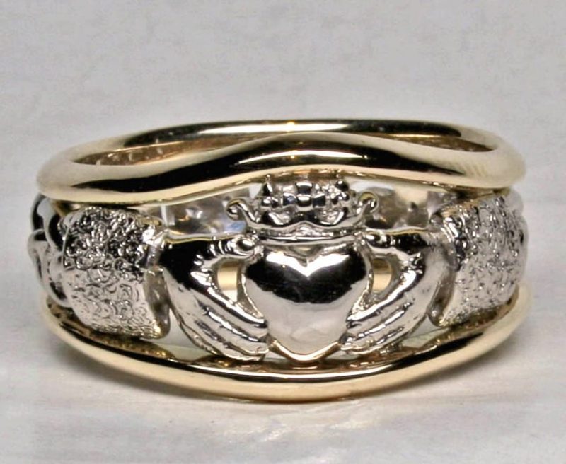 Irish Claddagh Ring 14K with Celtic Knot Work Band, in white and yellow gold