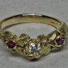 Finely Detailed Ruby Diamond Rose Ring In 18K Gold With Two Natural Rubies And A Diamond, size 6