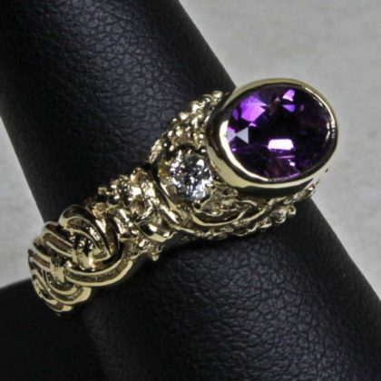 Celtic Zoomorphic Cats, Amethyst, and Diamonds Ring; in 14k Yellow Gold. Size 6 3/4