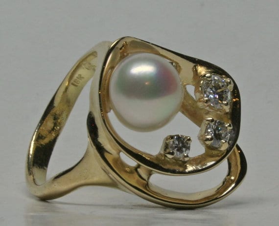Diamond and Cultured Pearl Ring size 5 in 18k by Ruth Postgate