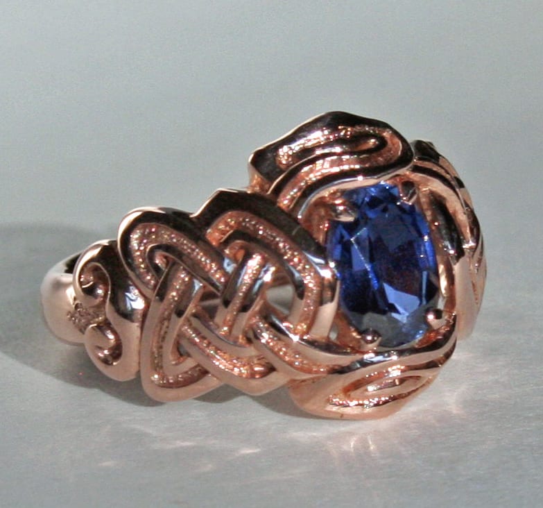 Sapphire rose gold Celtic knot ring by George Postgate