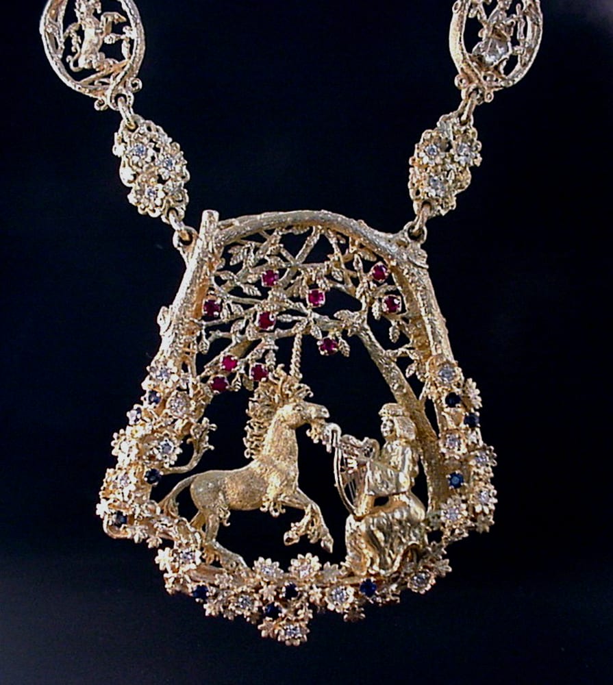 Unicorn and Maiden necklace in 18K gold by George Postgate
