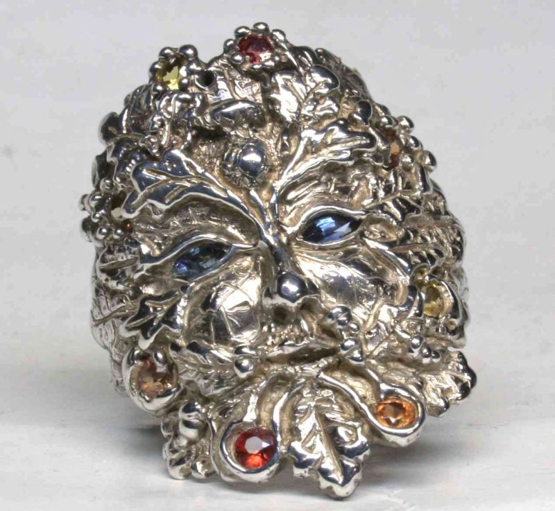 Greenman Ring made in sterling silver with natural sapphires by Suzan Postgate