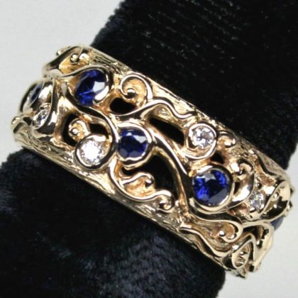 Lacy Tree of Life band diamonds and sapphires in 18K by George Postgate