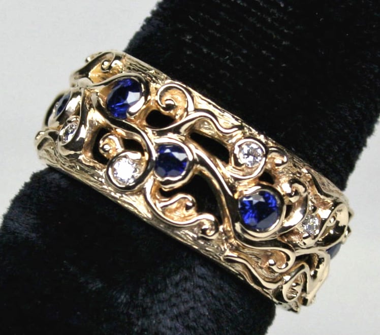 Lacy Tree of Life band diamonds and sapphires in 18K by George Postgate