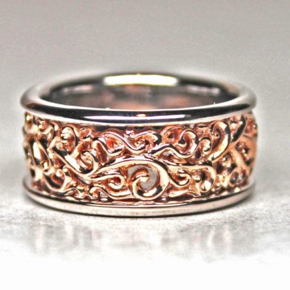 Mists of Avalon band in rose 14K and borders of white 14K gold, by George