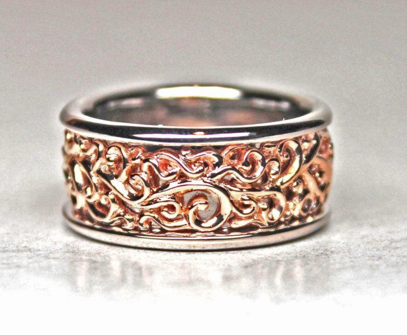 Mists of Avalon band in rose 14K and borders of white 14K gold, by George
