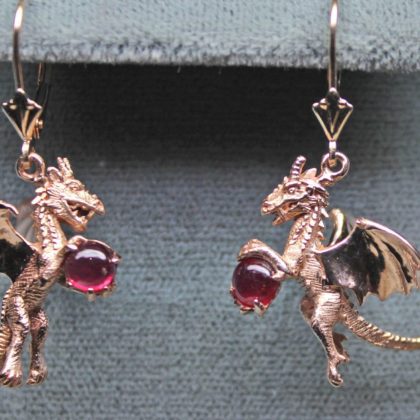 Red Dragon Earrings With Rubies in 14k Red Gold, Welsh Dragons