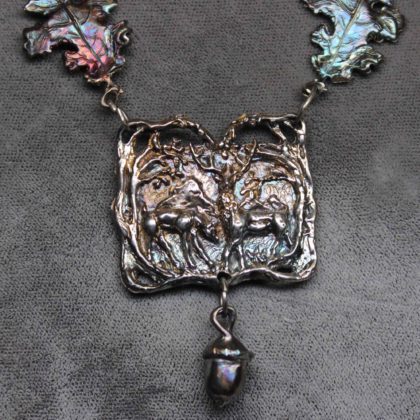 Sterling oxidized Scottish Deer in the Highlands pendant with Oak leafs and acorns by Suzan Postgate