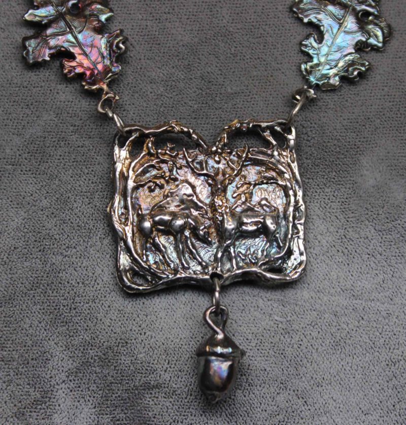 Sterling oxidized Scottish Deer in the Highlands pendant with Oak leafs and acorns by Suzan Postgate