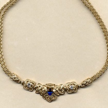 Celtic 14K three stone knot choker with doubled wheat chain by George Postgate.your choice of gold and stones, by George Postate