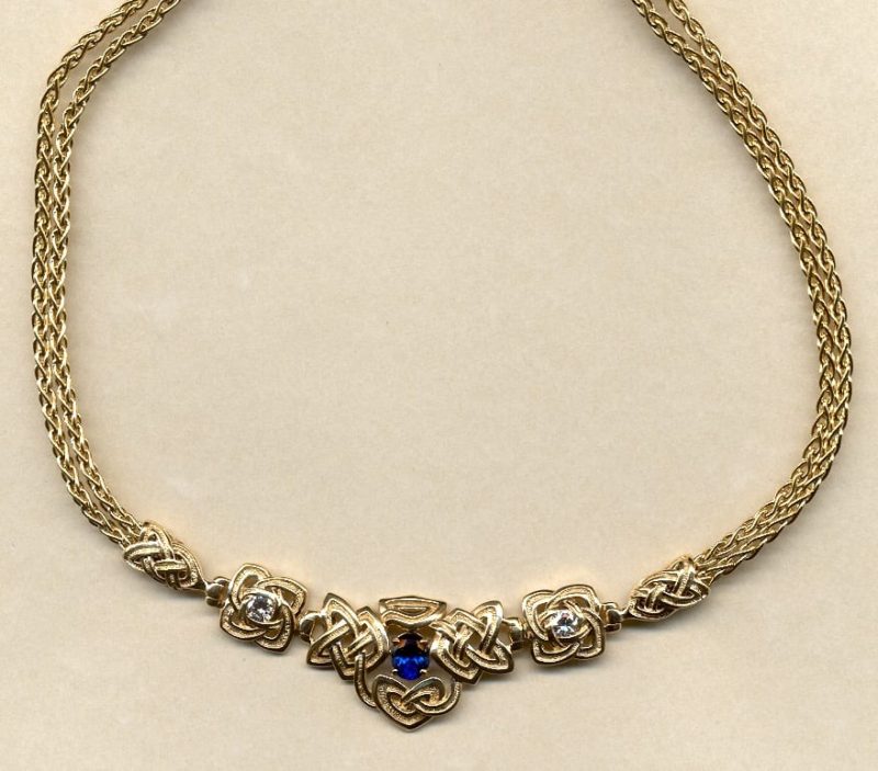Celtic 14K three stone knot choker with doubled wheat chain by George Postgate.your choice of gold and stones, by George Postate