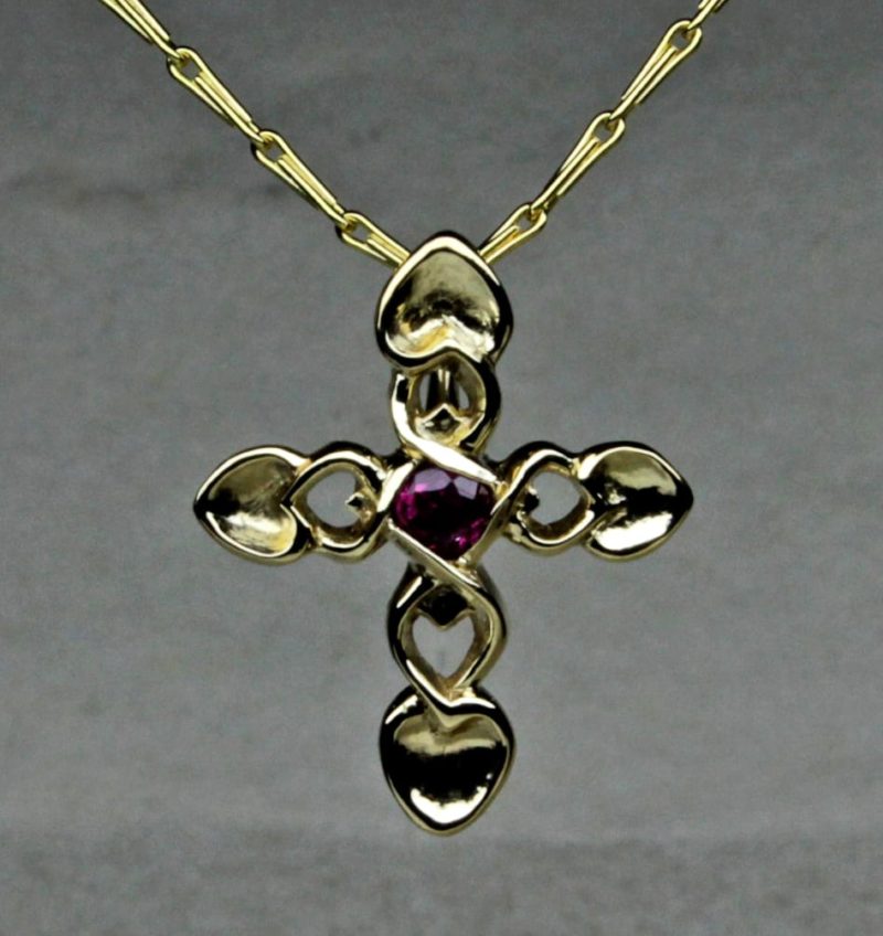 Welsh Love Spoon Celtic Cross with a natural ruby in 14K Gold an original design by Suzan