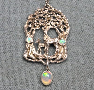 Doe and fawn pendant in the woods opal and sterling silver
