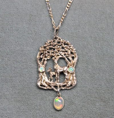 Doe and fawn in the woods opal pendant in Sterling silver by Suzan Postgate.