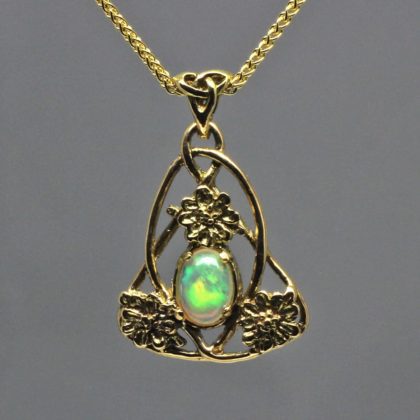 Three flower Art Nouveau opal pendant in 14K