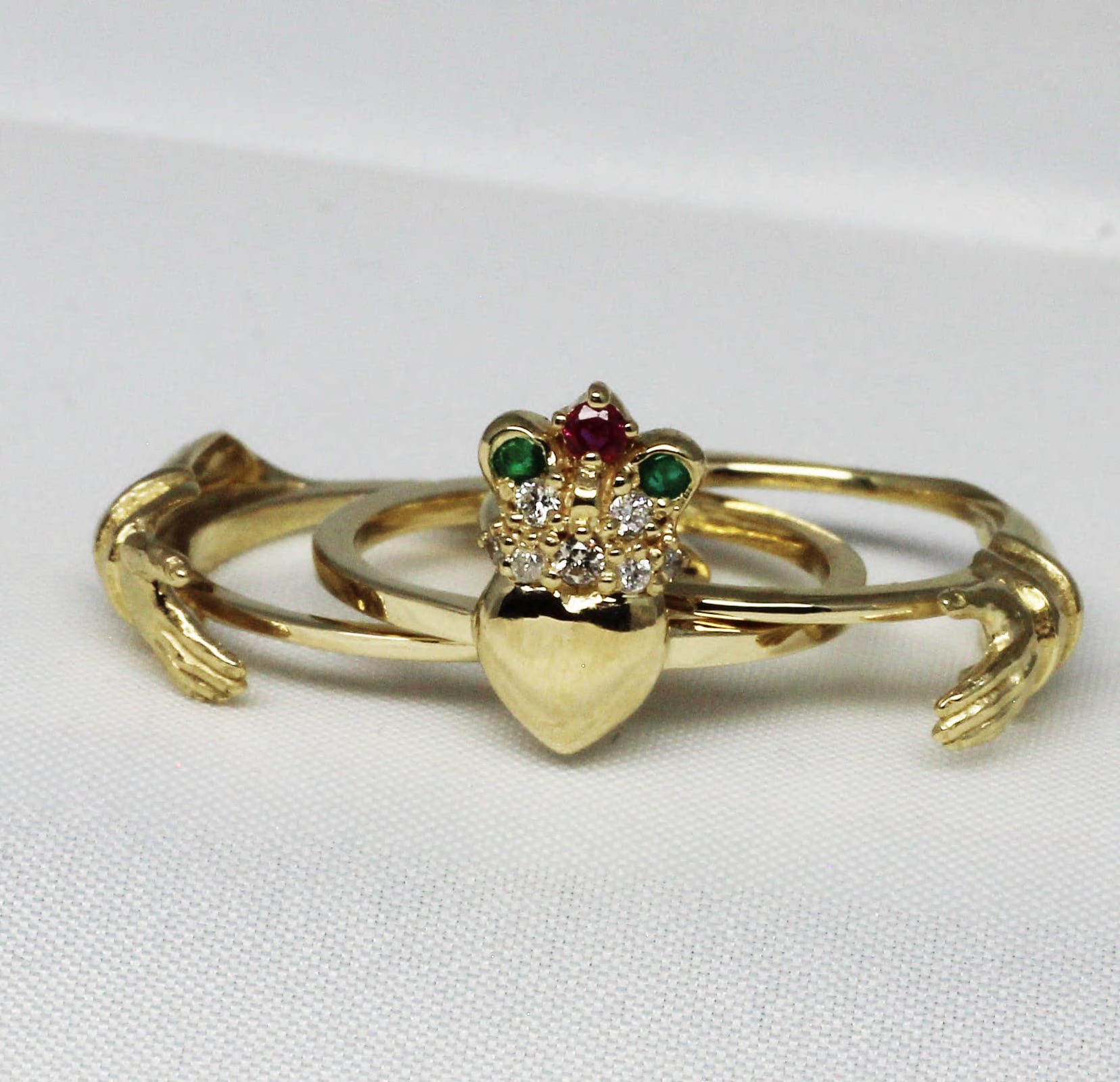 Irish Gimble Claddagh ring,14K, emeralds, ruby anddiamonds,