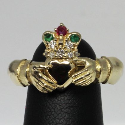 Irish Gimble Claddagh Ring with diamonds emeralds and ruby in 14K