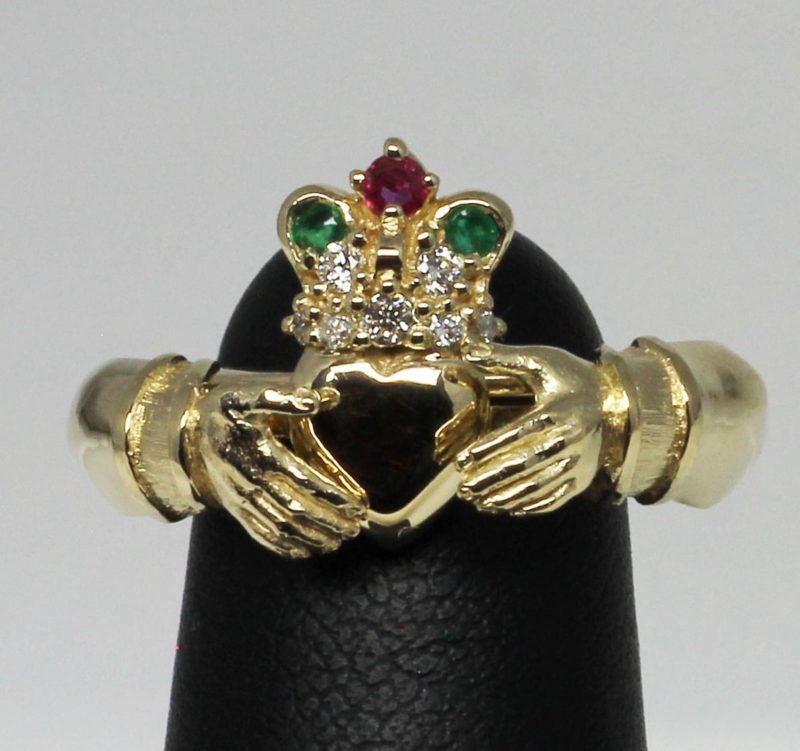 Irish Gimble Claddagh Ring with diamonds emeralds and ruby in 14K
