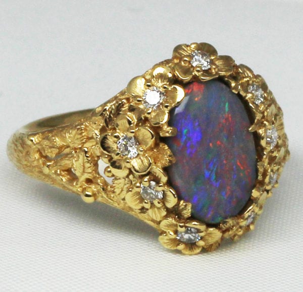 Black Opal Flower Ring,Diamond flowers and a fine black opal