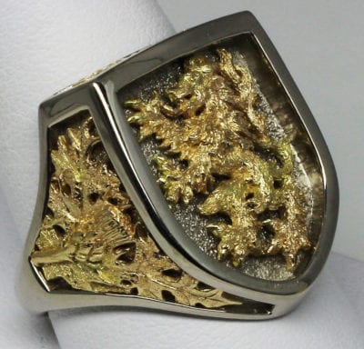 Scottish rampant lion ring,14D white gold, lion and details 18K