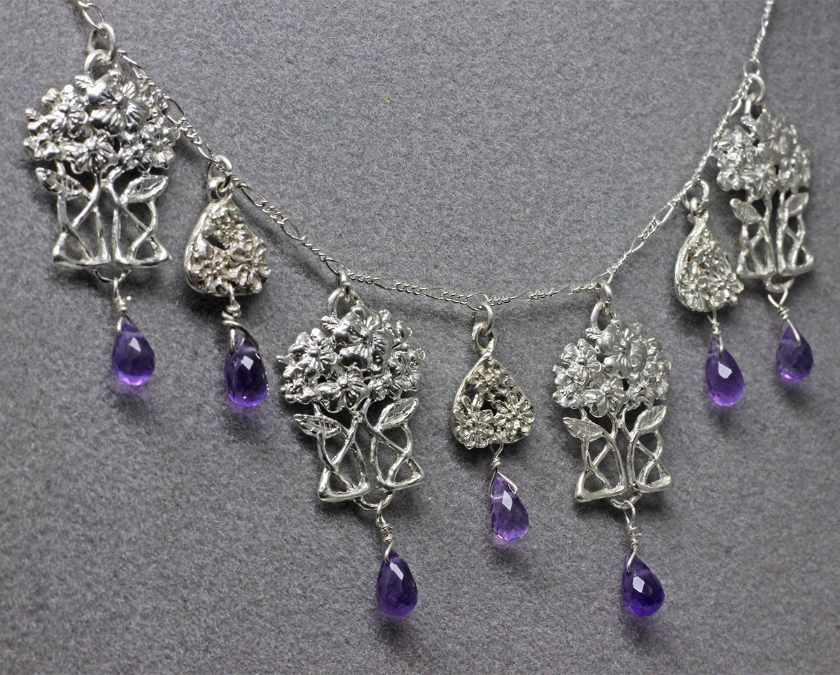 Magnolia and flower Mackintosh necklace with amethysts by Suzan Postgate - Image 3